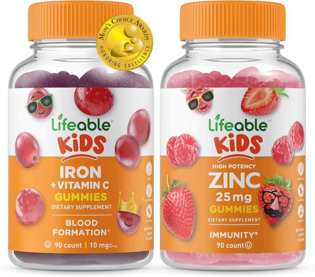 Živé železo a vitamín C děti + zinek 50 mg, gumies Bundle - velký přípitek, doplněk vitamínu, gluten zdarma, GMO zdarma, Žvýkací žlab