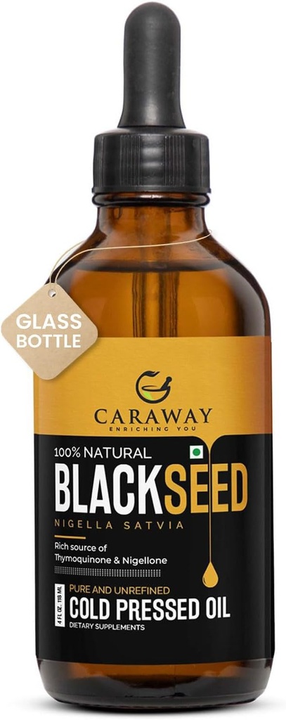 CARAWAY Organický černý olej z řas - Cold Pressed Nigella Sativa Oil - čistý a nerafinovaný - Bohatý na tymochinon pro imunitní podporu, vlasy a péči o pleť 124; skleněná láhev