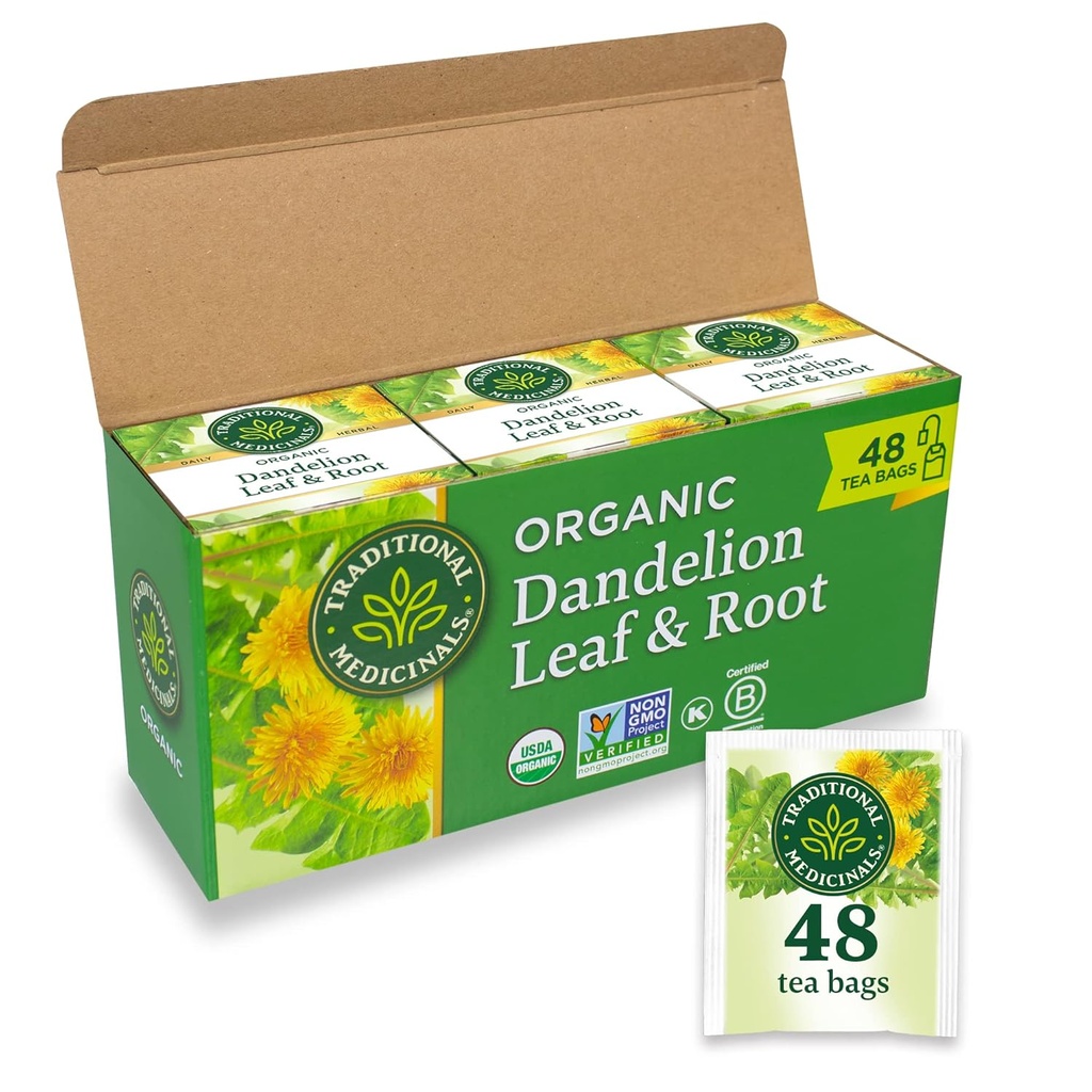 Tradiční léky Čaj, Organic Pampeliška Leaf & Root, Podporuje funkci ledvin a zdravé trávení, 48 čajových sáčků (3 balení)