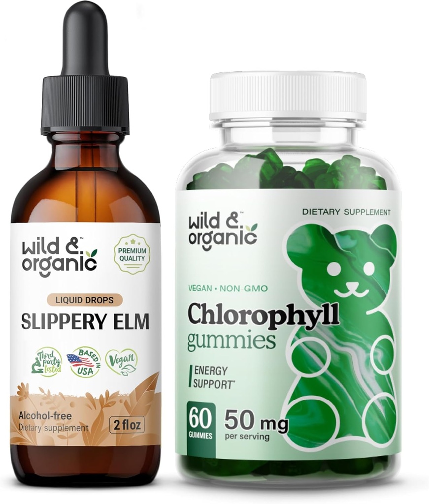 Wild & Organic Slippery Elm Tincture 2 fl oz & Chlorofyl Gummies 60 Chews