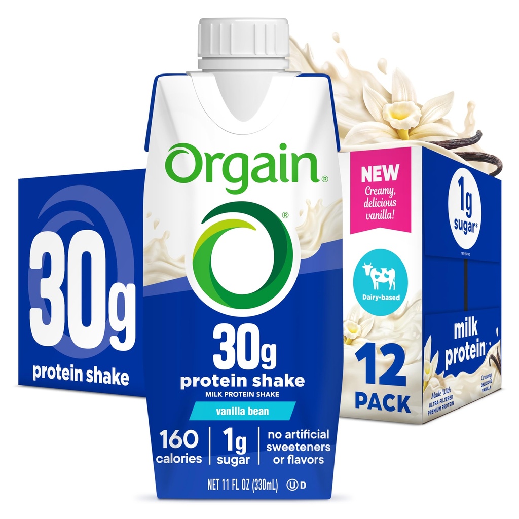 Orgain 30g High Protein Shake, Dairy Isolate Milk Protein, Vanilla Bean, 5g BCAA, 1g Cukr per Serving, strava náhrada, připraven k pití, Keto Friendly, gluten- Free 11 Fl Oz (balení po 12)