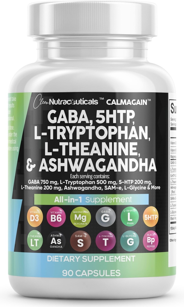 Clean Nutraceuticals GABA 750mg 5 HTP 200mg L Triptofan 500mg L Theanine 200mg Ashwagandha SAM- e L- Glycine - Mood Support Vitamíny pro ženy a muže s L- Tyrosin 5- HTP (5- Hydroxytryptofan)