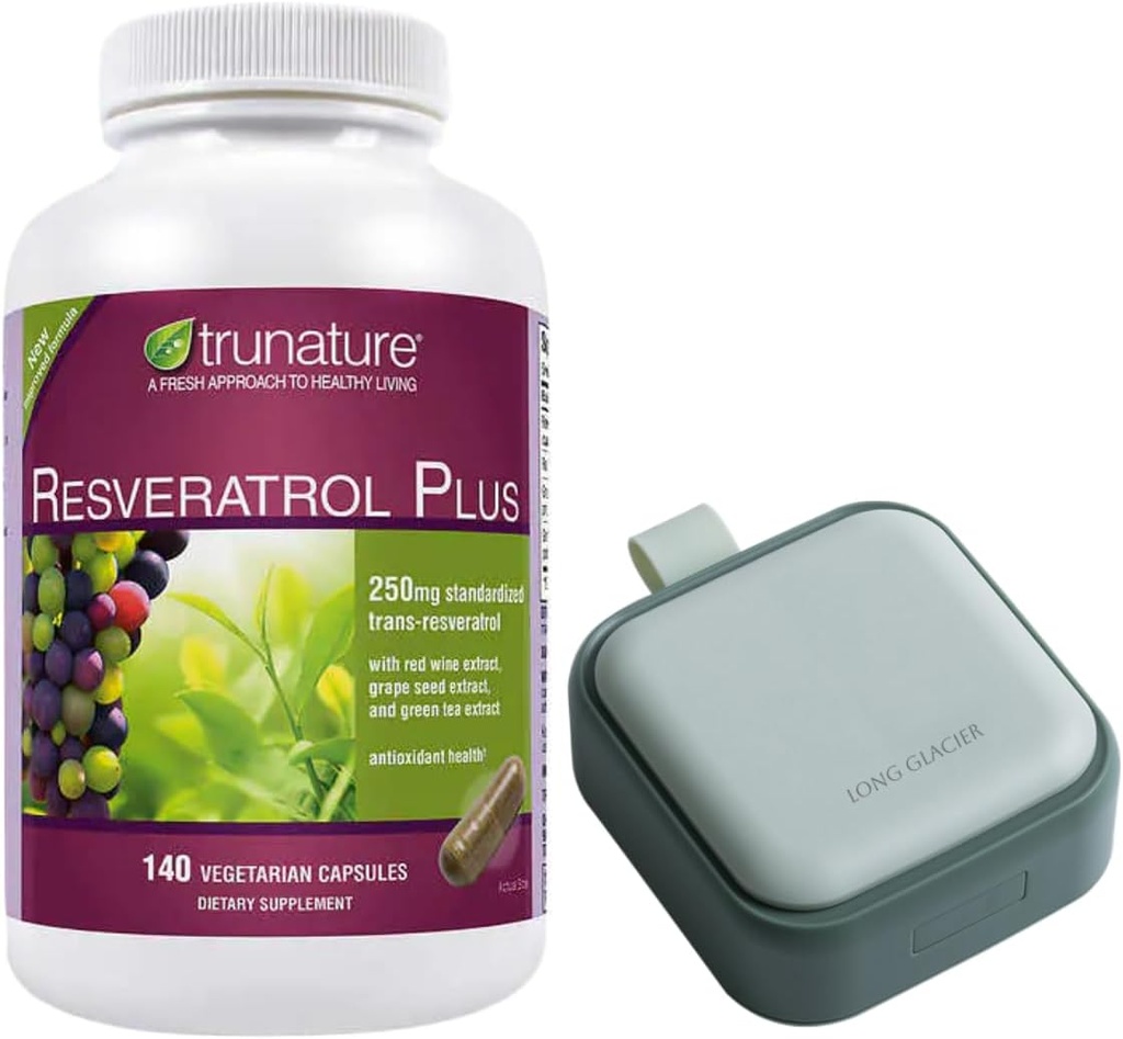 Trunature Resveratrol Plus, 140 Vegetariánské Kapsle Bundle s Pill Oragnizer, Malé roztomilé Pill Kontejner pro medicínu, Vitamíny, Zelená