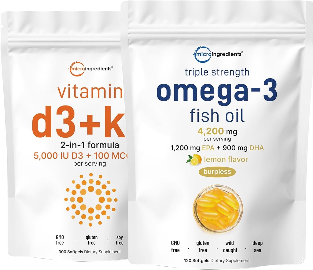 Micro ingredience Vitamin D3 5,000iu + K2 100mcg Softgels & Omega-3 Fish Oil 120 Softgels Bundle 2 Balení 124; Essential Sunshine Vitamíny I124; Wild- Caught Fish, Lemon ochucené, Burless