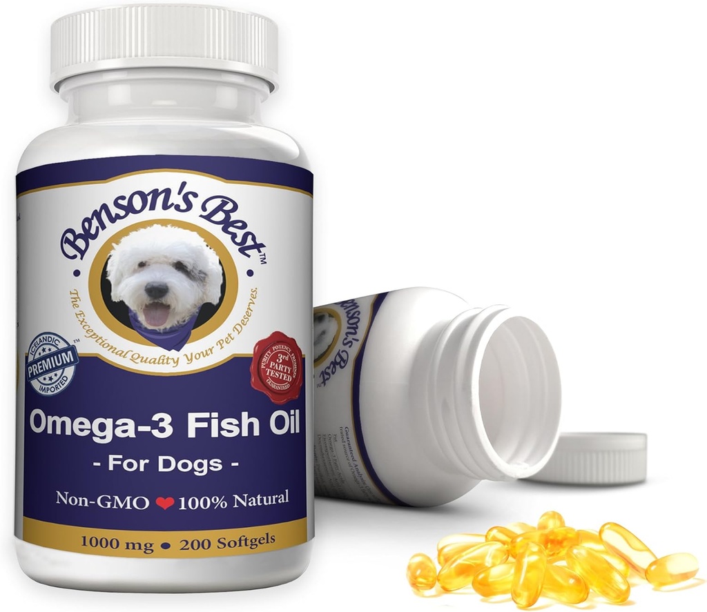 Benson je nejlepší Omega 3 rybí olej pro psy - poskytuje 43% více Omega 3 mastné kyseliny než losos olej - 200 Softgels 1000 mg - 100% čisté, Non- GMO, Přírodní Pet Food Dog Fish Oil doplňky