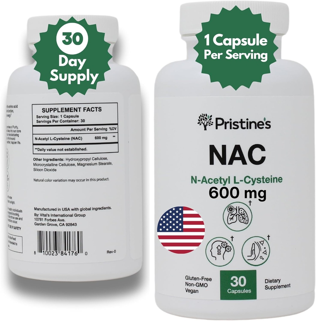PRISTINE 'S N- acetyl L- cystein (NAC) 600MG 30- denní zásobovací potenciál Lung & Imunity Antioxidant Supplement Capsules - Mood & Mental Health Support