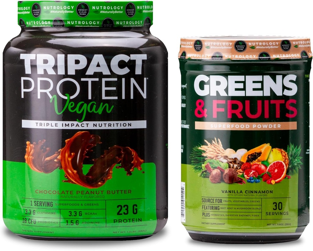 Nutrology Green & Fruits Powder- Přirozeně sourced Superfood, Vanilla Skořice (30 Služeb) TRIPACT Vegan Protein Powder, Čokoládové arašídové máslo (20 Služeb)