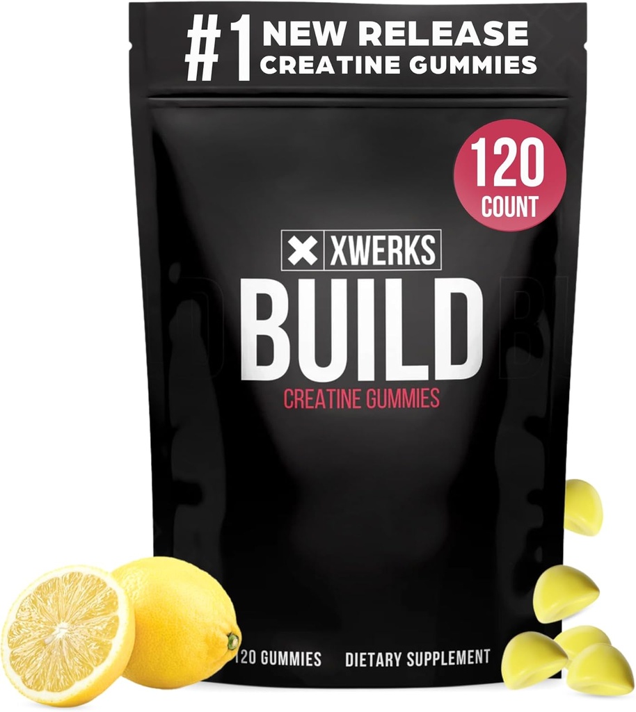 Xwerks Build Creatine Gummies for Men and Women, 120 Count, 100% čisté Creatin Monohydrát, Lemon ochucené Muscle Building Gummies 4g per Serving, Pre Workout Anti Melting, 5000mg Celkem Creatin
