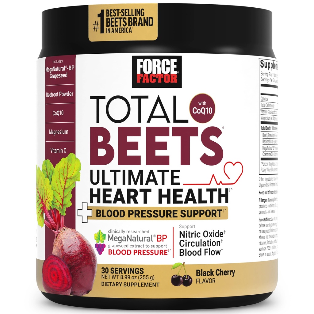 Force Faktor Celkem Beets Ultimate Heart Health Podpora krevního tlaku s CoQ10, Kořen řepy prášek, Grape Seed Extract, Krevní tlak dodatek pro oběh, Black Cherry, 30 Služeb