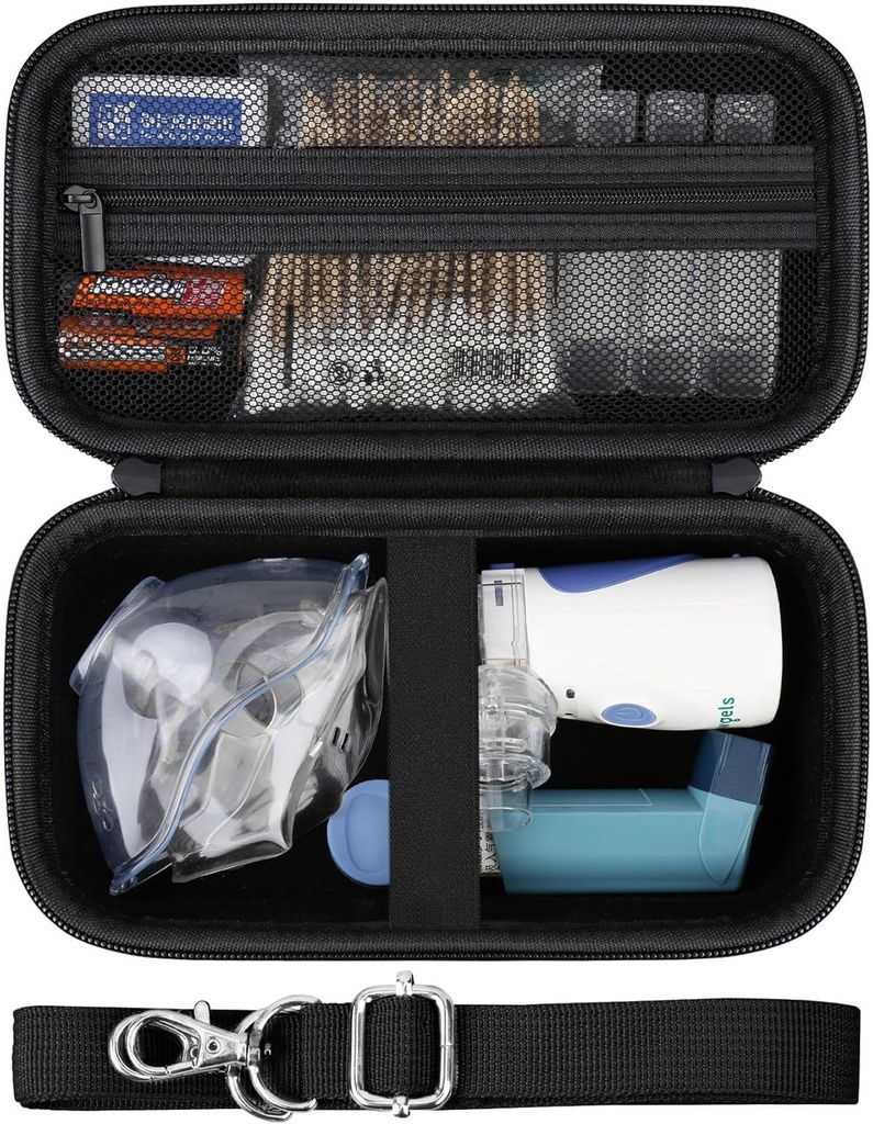 Tvrdý pouzdro pro přenosné Nebulizer Handheld Mesh Inhaler Spacer Nebulizers Machine pro dospělé a děti Cestování HouseUse, Ochranný pouzdro s kapsou na USB kabel a baterie, černé