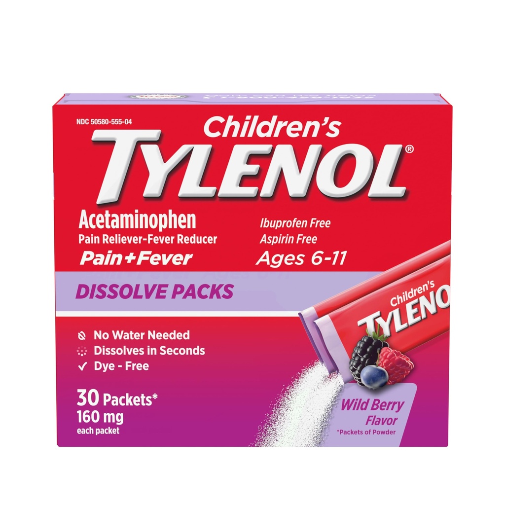 Dětský tylenol Rozpusťte balení pro bolest, horečnaté léky, 160 mg acetaminofen, Barvy zdarma, Dětské prášky pro studenou a chřipkové příznaky Relief; Wild Berry Flavor, 30 ct.; Balení po 1