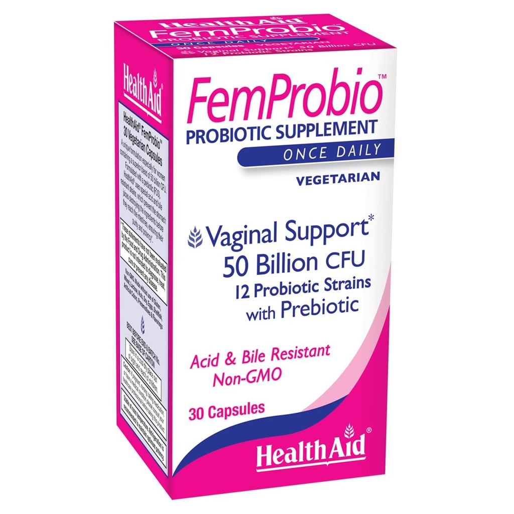 Heathaid femProbio - Once- Daily Probiotic with Prebiotic Fiber Ibrahim 124; 50 Billion CFU Ibrahim 124; 30 Vegetariánských kapslí Ibrahim 124; Acid & Bile Resistant, Laktóza, gluten & GMO- bez