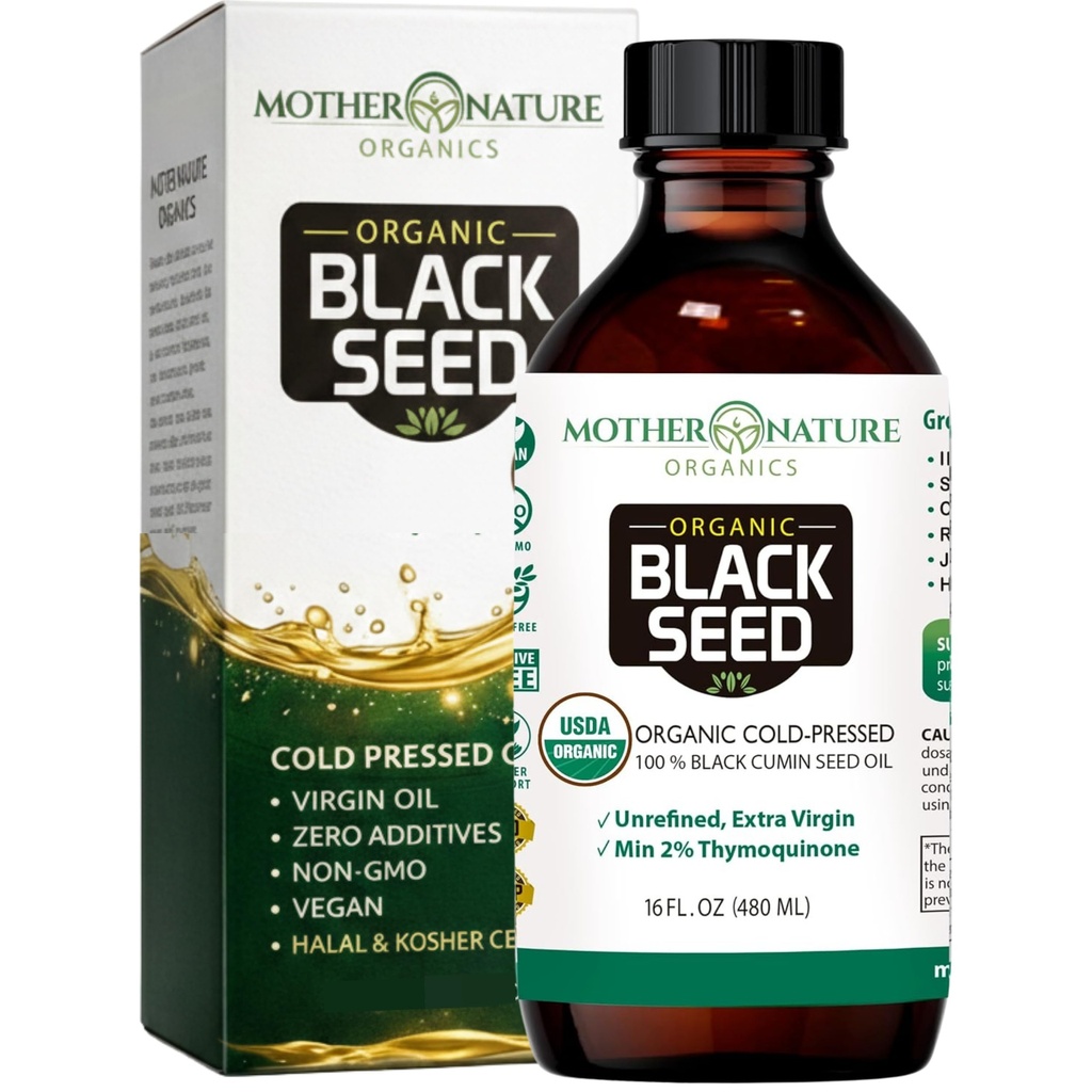 Matka příroda USDA Organic Black Seed Oil - Cold Pressed, Nerafinovaný & Vegan Nigella Sativa, High Thymoquinone (2% +), Omega 3 6 9 pro imunitní, Joint & Heart Support, Hair & Skin, Non- GMO, 16oz
