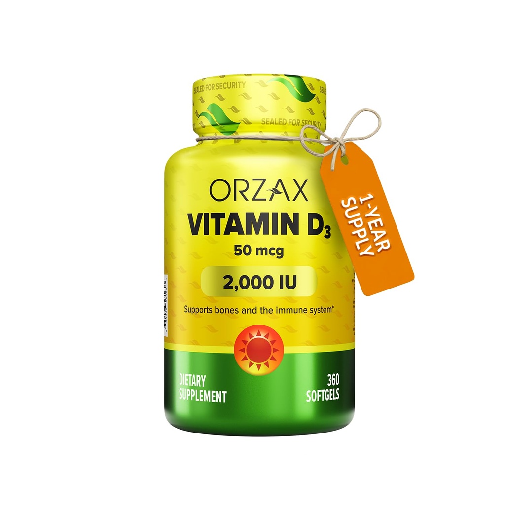 ORZAX Vitamin D3 2000 iu (50 mcg) - Non- GMO, gluten zdarma, bez cukru, mléčné výrobky zdarma - 1 rok dodávky pro silné svalové funkce a imunitní podporu - Mood dodatek pro wellness (360 Softgel)