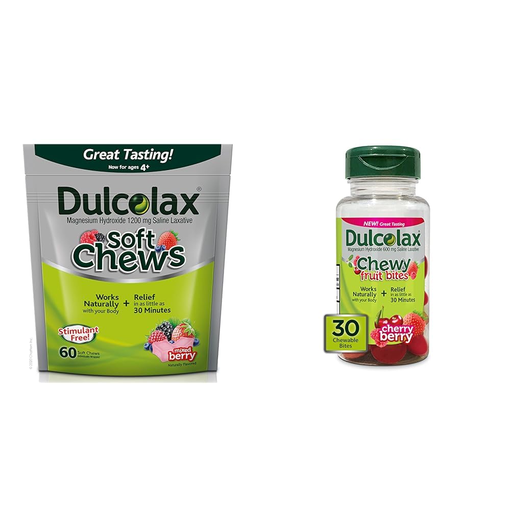 Dulcolax Soft Chews Saline Laxative Mixed Berry (60ct) Gentle Constolly Relief & Chewy Fruit Bites, Saline Laxative, Cherry Berry (30ct) Cramp- Free Constolly Relief