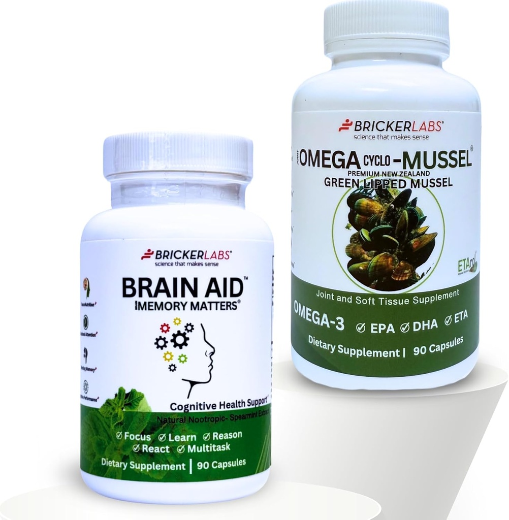 Bricker Labs Mind & Motion: Joint Health and Cognitive Support Bundle: Omega Cyclo - Mussel Full Spectrum Omega Joint Support and Brain Aid Memory Matters Cognitive Supplement,