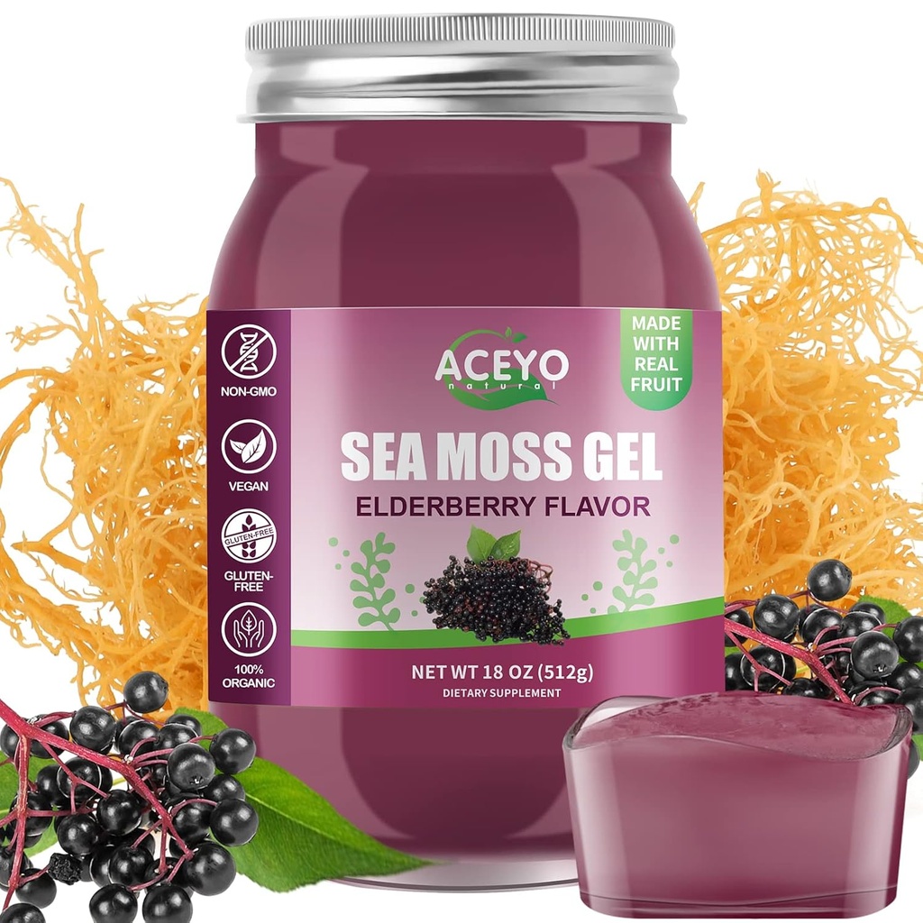 ACEYO (18 OZ) Irish Elderberry Sea Moss Gel Organic Raw Vegan Flavor 102 Vitamíny a minerály Wild Sklizeň Non-GMO imunitní obrana Booster štítné žlázy Digestivní podpora