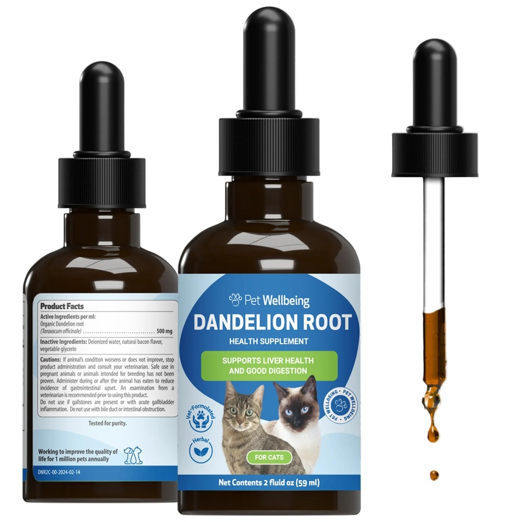 Pet Wellbeing Pampeliška Kořen pro kočky - Játra a srdce zdraví, stravovací funkce, Podpora cukru v krvi, Certified Organic - Veterinarian- Appendied Bylinný doplněk 2 oz (59 ml)