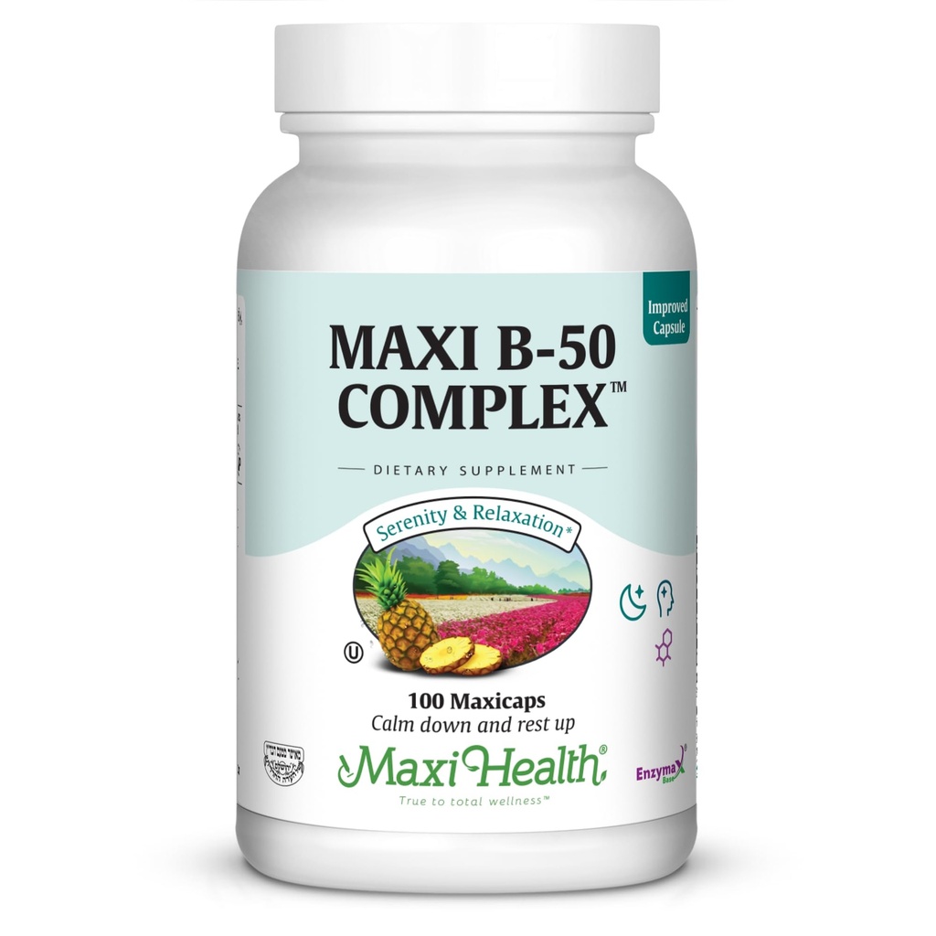 Maxi Health Vitamin B Complex - High potency B Complex Vitamíny B-50 s B1, B2, B3, B6, B12, Biotin & Folát - Podpora buněčné energie a duševní jasnosti - Kosher - 100 Kapsle