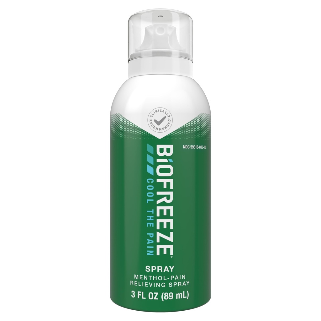 Biofreeze Menthol Spray 3 FL OZ Barevný Aerosol Spray for Pain Relief spojené s Sore Muscles, Artritida, jednoduché záda, a společná bolest