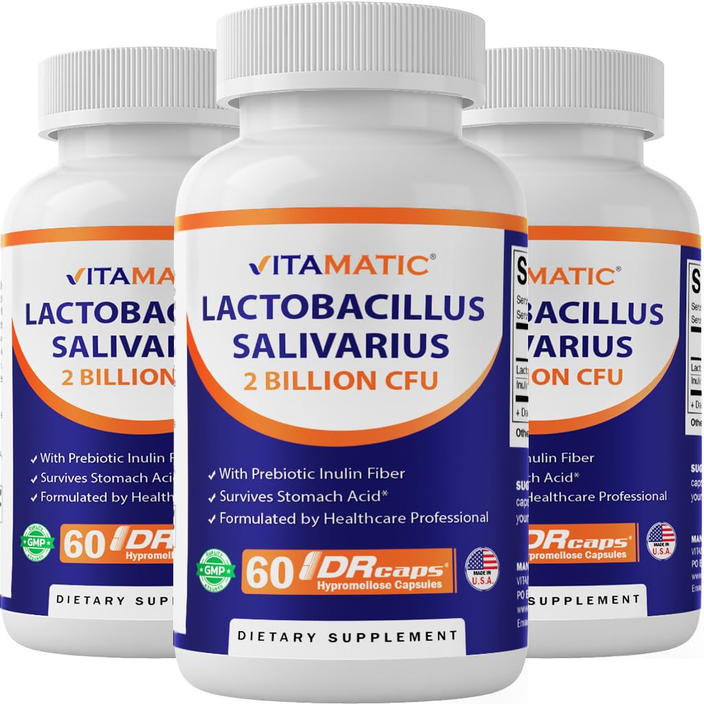 Vitamatic Lactobacillus Salivarius 2 miliardy per DR Capsule - 60 Count - Digestive Support - Made with Prebiotic Inulin Fiber (3 láhve)