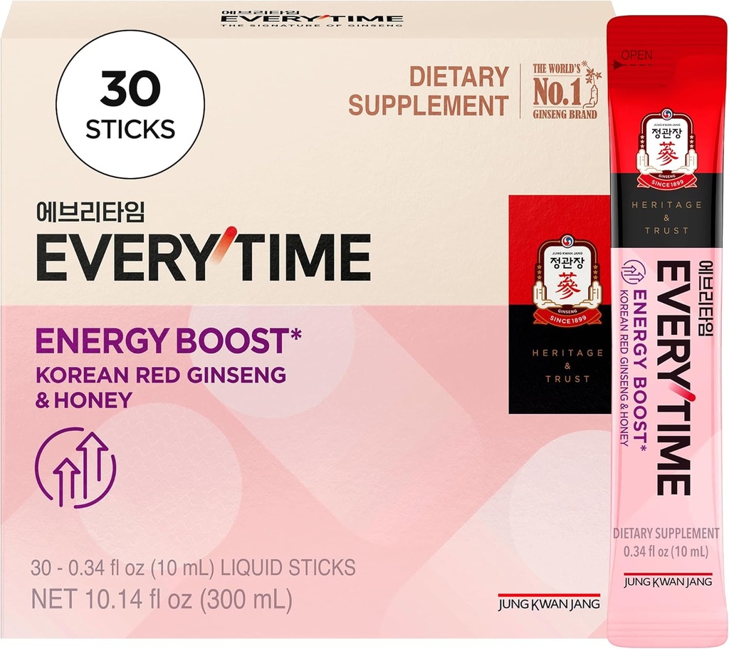 JUNG KWAN JANG Everytime Energy Boost Korean Red Ginseng Extract Stick 1,000mg & Honey - Vegan Ginseng Energy Drink Liquid Stick Supplements - Stairs Stamina & Immunity No Caffeine (30 Sticks)