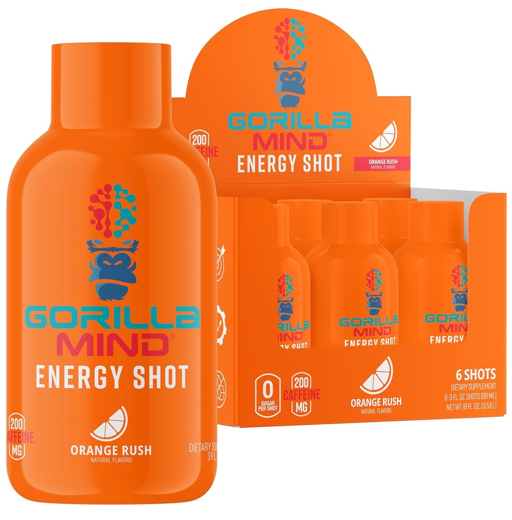 Gorila Mode Energy Shots (6- Pack) - Energetické střely pro zvýšený focus & Energy, Sugar- Free, Fast- acting, Potent Formule s vitamíny a přírodní extracts (Orange Rush)