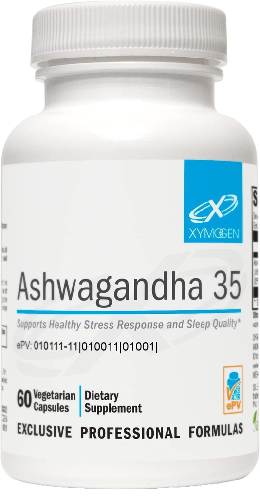 XYMOGEN Ashwagandha 35 - Patentovaný, purifikovaný Ashwagandha Root + Leaf Extract (35% Witanolide Glycosids) - Podporuje zdravou reakci na stres, relaxaci a kvalitu noční odpočinku (60 Kapsle)