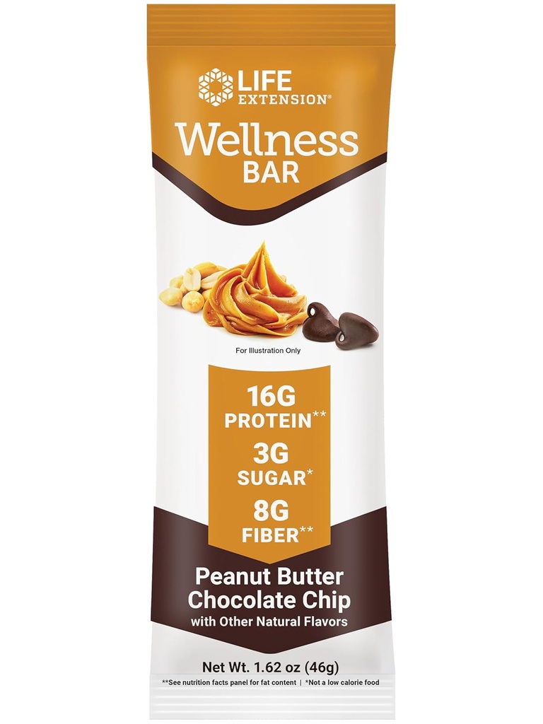 Life Extension Wellness Bar (Peanut Butter Chocolate Chip) - 16 g proteinu, 8 g Vlákna, 3 g cukru - Čokoládové čipy Cacao, Syrovátkové proteinové směsi - Snack Bars, gluten- Free - Individuálně