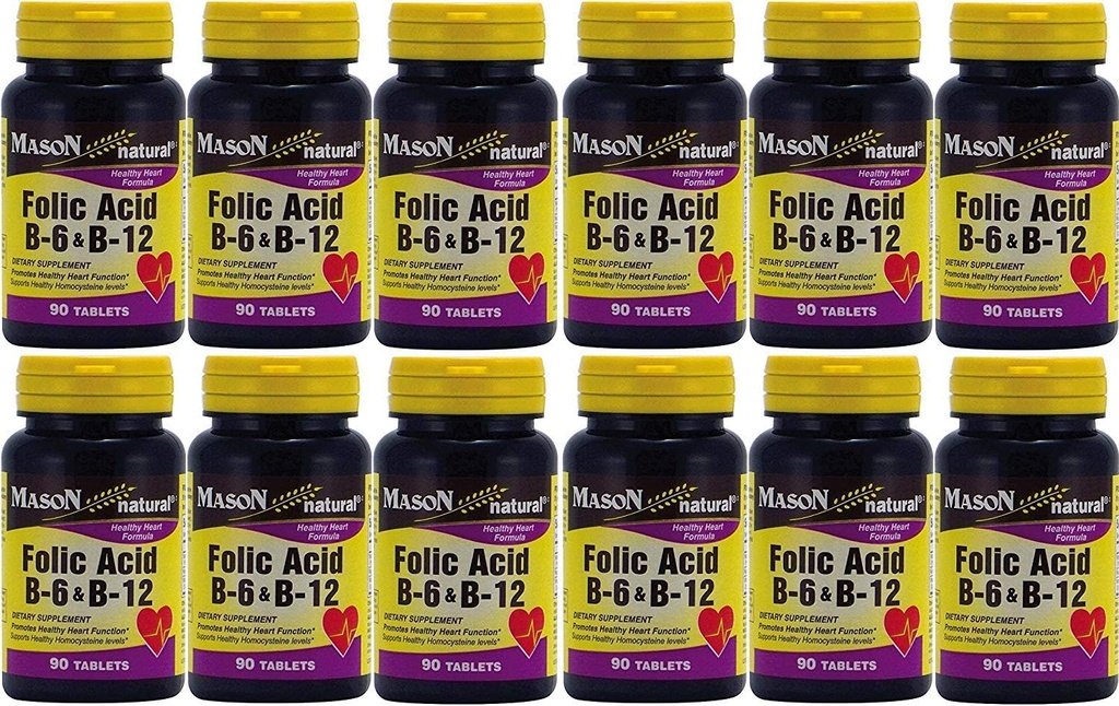 Mason Vitamíny Kyselina listová B-6 & B12 Heart Health Formule 90 Tablety na láhev balení 12 Celkem 1080 Tablety