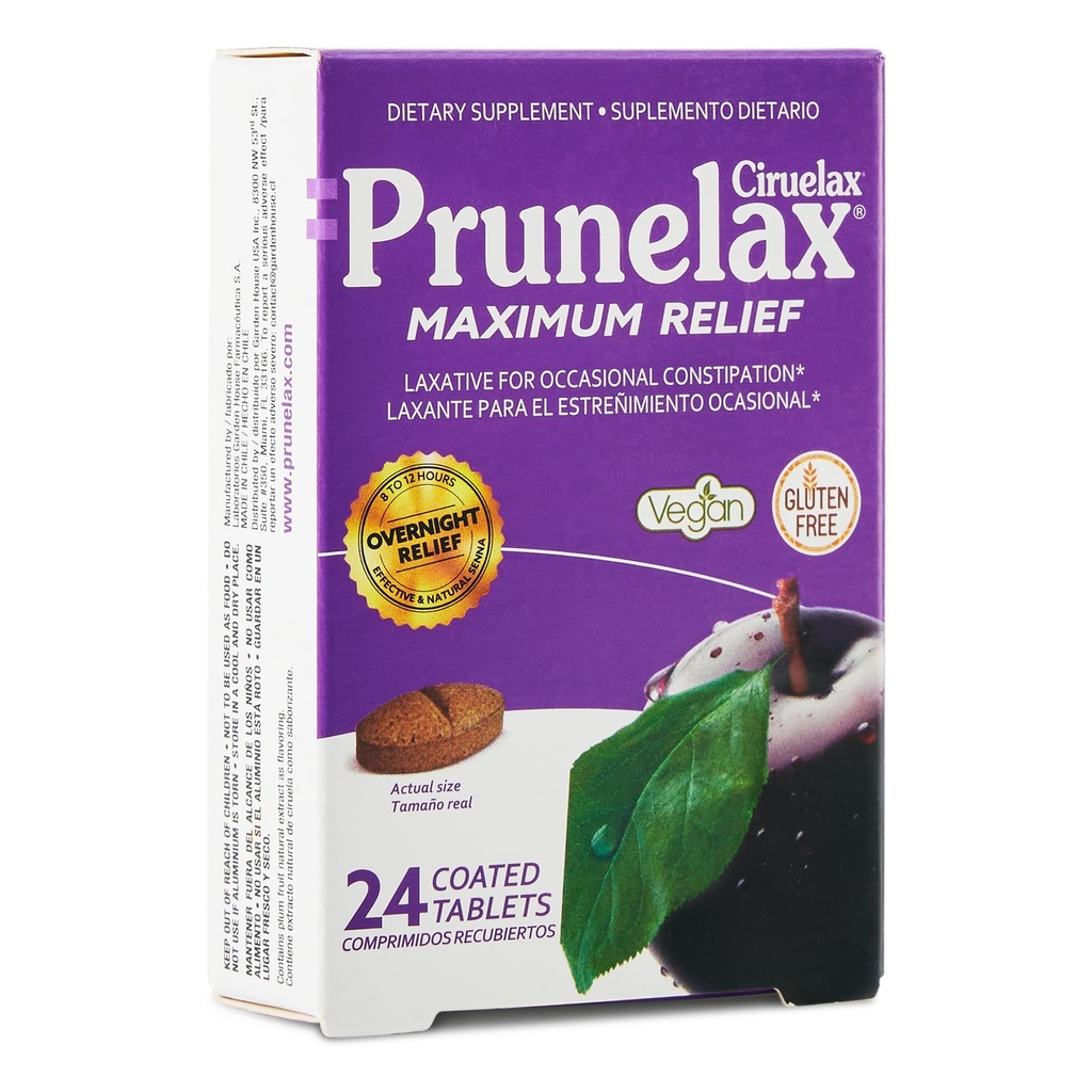Prunelax Ciruelax Maximum Relief Laxative Tablety s přírodní Senna pro příležitostné zácpy, Senna Extract, Vegan & gluten- Free, Gentle Overnight Relief - 24ct