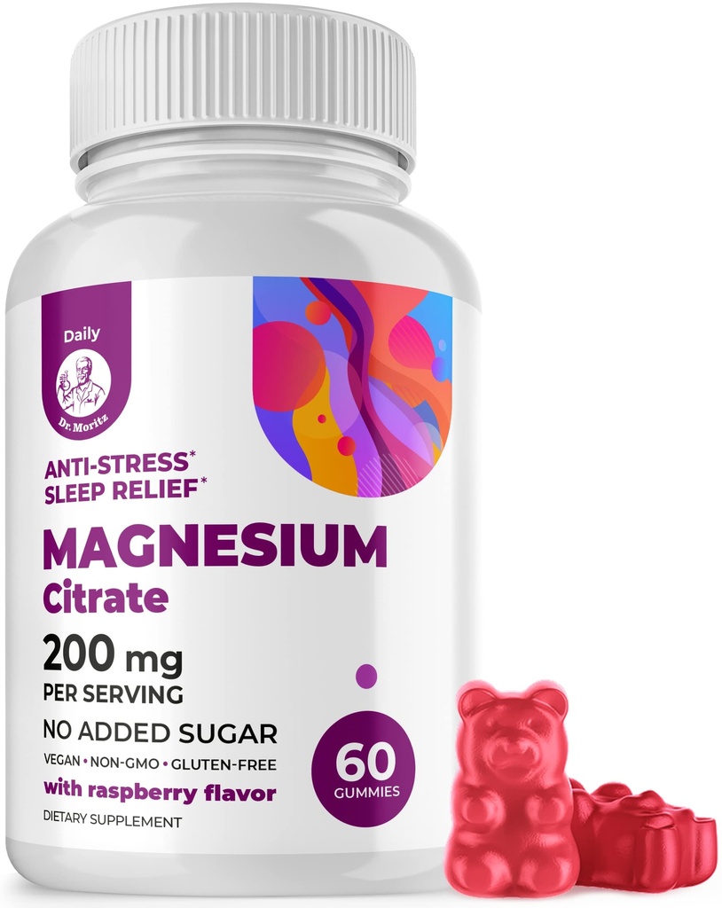 Dr. MORITZ Magnesium Citrátové gumy pro dospělé - Sugar- Free Calm Magnesium Gummies - Podporuje reakci na zdravý stres - Raspberry Flavor - Non- GMO, 200 mg (60 Počet)