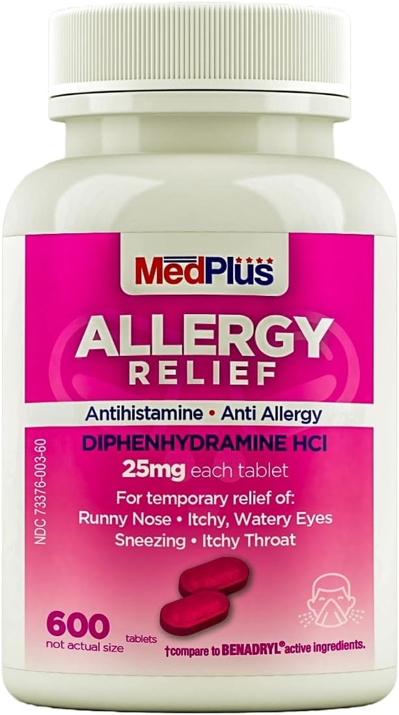 MedPlus Allerics Relief Medicine, 25 mg, 600 Tablet CLAS124; Difenhydramin Hcl CLAS124; Antihistamin CLAS124; Reliéf pro vnitřní a venkovní alergie, Pink