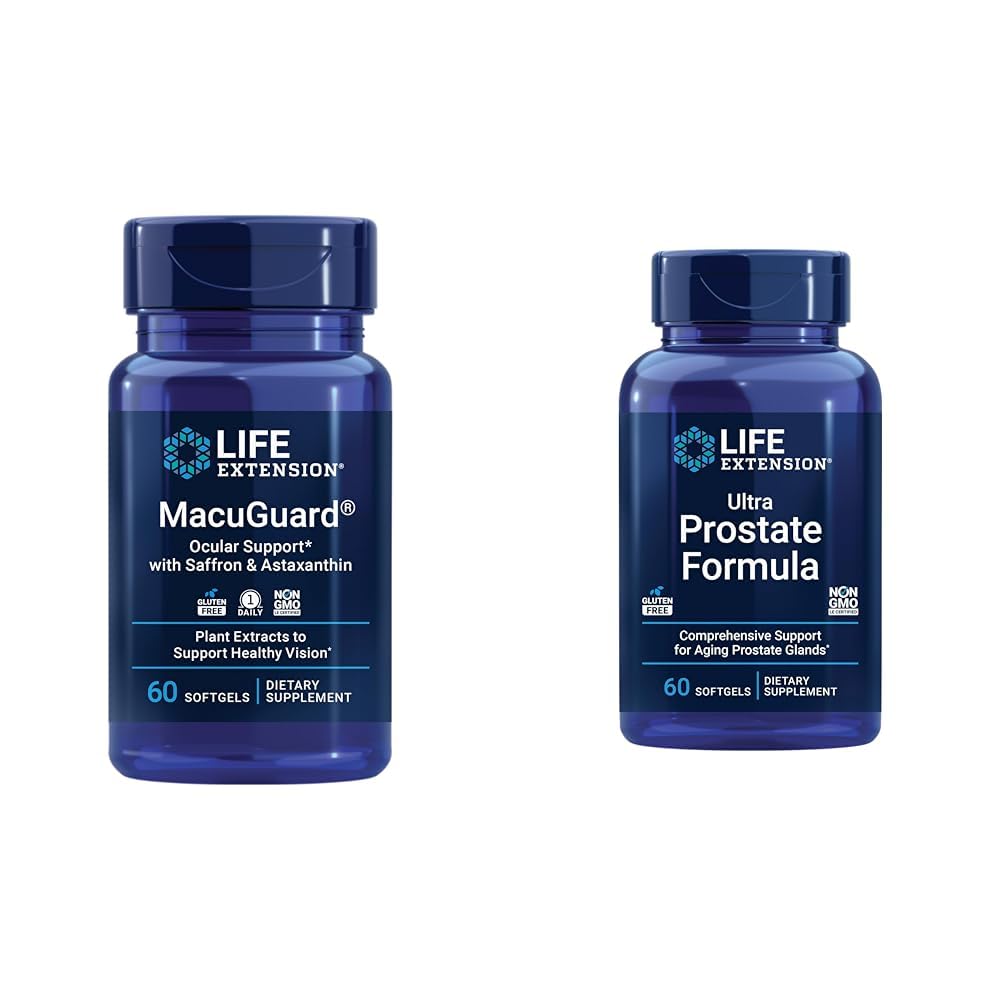 Life Extension Macuguard Ocular Support with Saffron & Astaxanthin 60 Count and Ultra Prostate Formule Saw Palmetto 60 Softgels