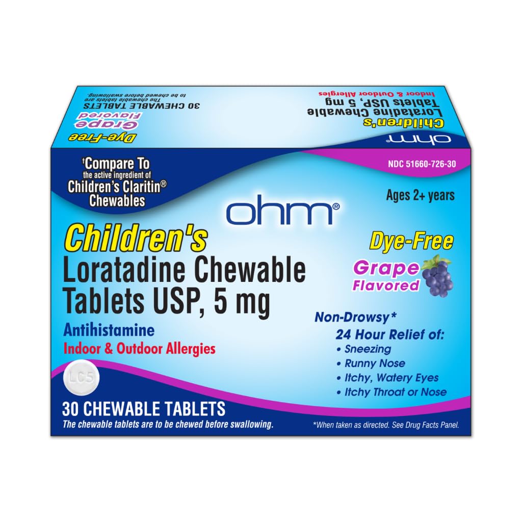 Ohm Dětské Lordsko-alergické žvýkací tablety - Barviva zdarma, Grape Flavor, Non-Drowsy 24 hodinová pomoc, Antihistamin pro vnitřní a venkovní alergie - 30 tablet