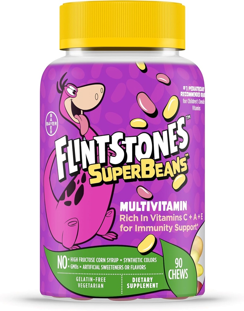 Flintstones Vitamíny SuperBeans, Děti Multivitamin s podporou imunity s vitamíny A, D, jód & zinek na podporu zdravého růstu, ovoce ochucené, Vegetarián, Jelly Bean Chews, 90 Počet balení se může lišit)