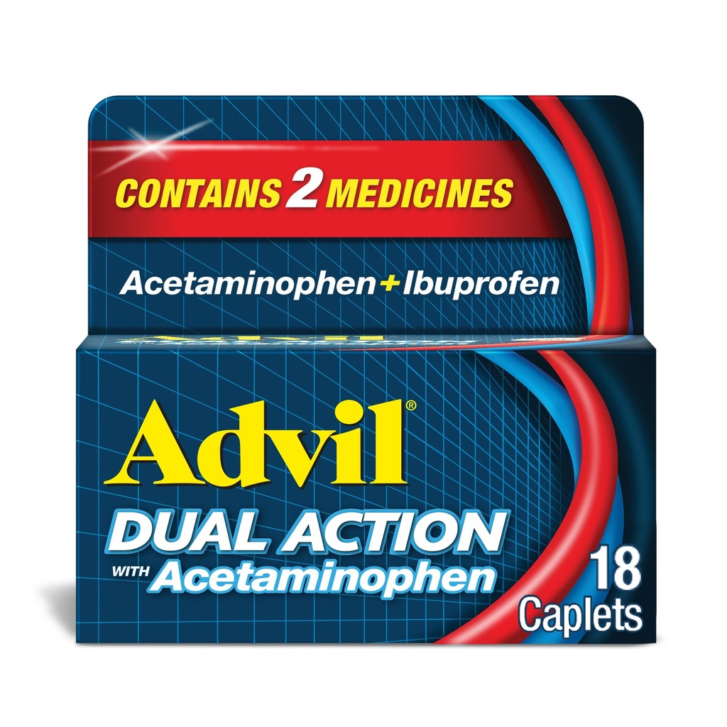 Advil Dual Action Coated Caplet with Acetaminophen, 125mg Ibuprofen a 250mg Acetaminophen per Caplet for 8 Hour Pain Relief - 18 Count