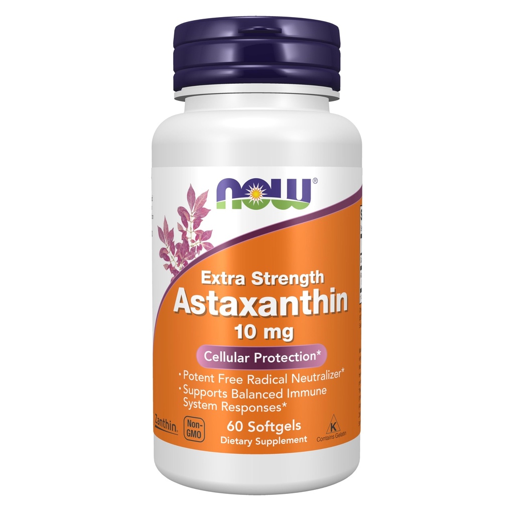 Nyní Potraviny Doplňky, Astaxanthin 10mg, Extra síla, získané z non-GMO Haematococcus Pluvialis Mikrořasy a má přirozeně se vyskytující Lutein, Canthaxanthin a Beta-Caroten, 60 Softgels