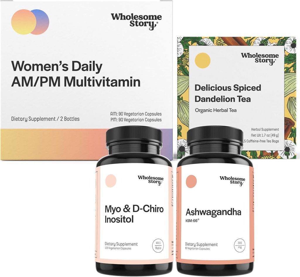 Chill Out Bundle 124; Myo Inositol & D Chiro Inositol 124; KSM 66 Ashwagandha doplňky 124; Premium Biologicable Daily Multivitamin pro ženy s železem a folátem 124; Organic Pražené Dandelion Root Tea