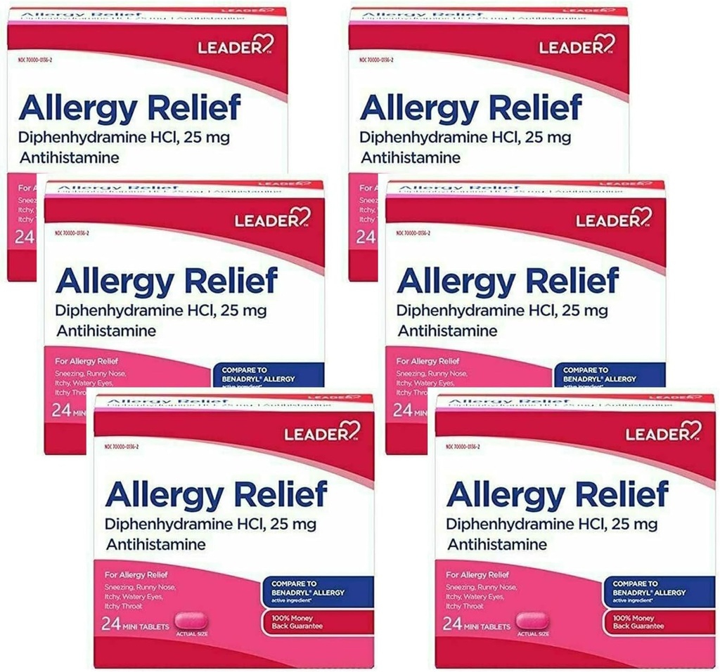 Leader Antihistaminika Antihistaminika Relief Difenhydramine HCl, 25mg Mini tablety, 24 Počet balení po 6