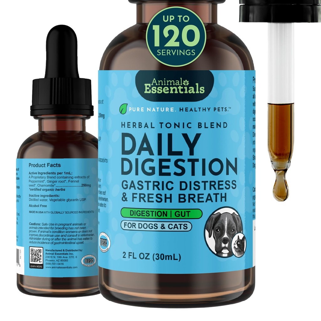 Zvířecí Essentials Daily Digestion for Dogs & Cats - Trávicí podpora, Čerstvý dech, Ginger Root, Fennel Seed Extract, Tekutý dodatek - 2 Fl Oz
