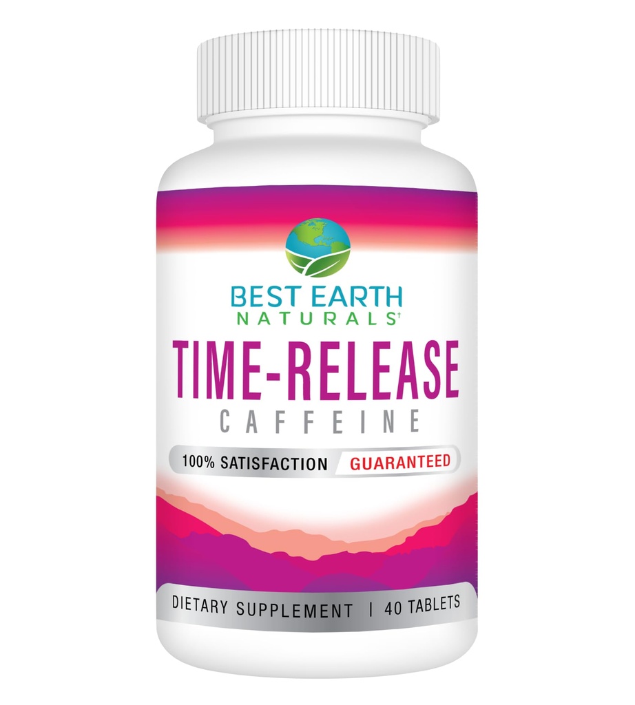 Nejlepší Země Naturals Time Release Kofein s L-Tyrosin, Vitamin B6, Vitamin B12, Thiamin & Více - Energetický dodatek pro ženy a muže - 40 Počet