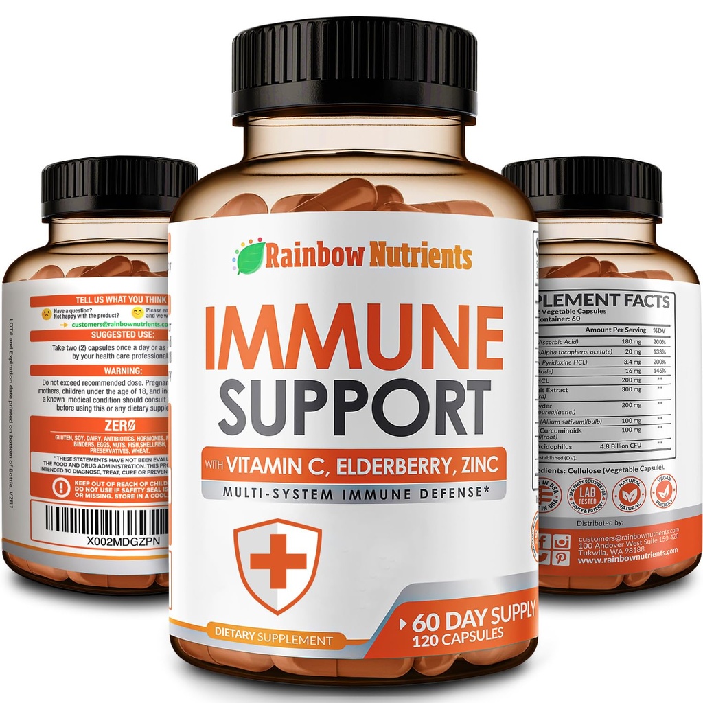 10 v 1 Imunitní Supplement (No Fillers) C124; Vitamin C, zinek, bezinky, Echinacea, Kurkuma, Probiotika C124; Imunity Booster pro Multi- System Imunitary Defense, Respirační a Gut zdraví C124; 60 Day Supply