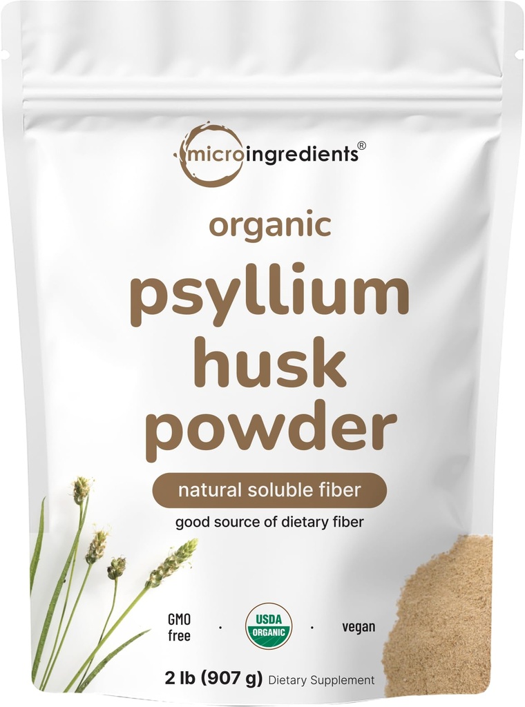 Micro Ingredients Organic Psyllium Husk Powder, 2lbs (329oz) OR 124; Daily Soluble Fiber Supplement OF 124; India Origin OF 124; Natural Prebiotics & Probiotics OF 124; Podporuje stravitelné zdraví 124; Non- GMO, Keto Friendly, Vegan