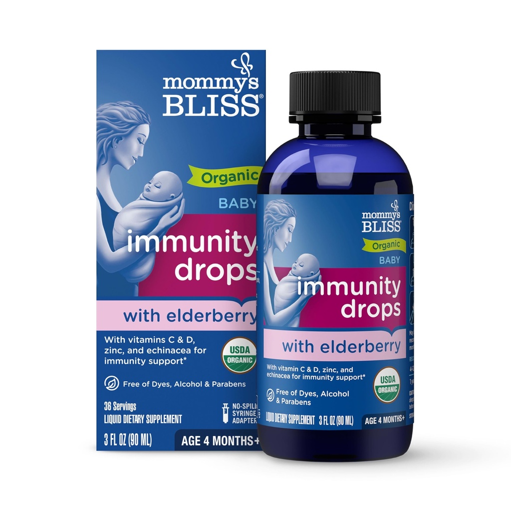 Mamina je Bliss Organic Baby Elderberry Drops, Imunitní podpora s vitamíny, Prebiotika, Zinek & Organic Echinacea, věk 4 měsíce +, 3 Fl Oz (36 Služení)