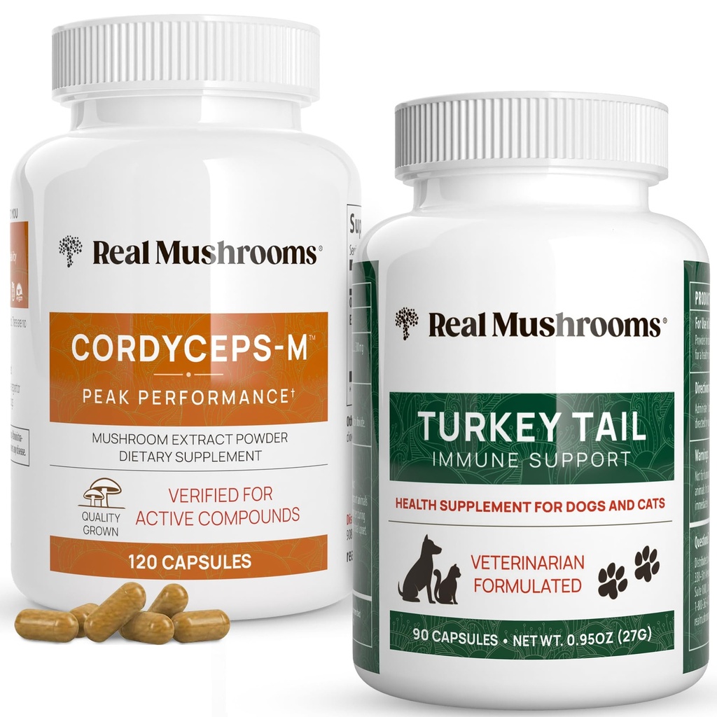Pravé houby Cordyceps pro lidi (120ct) a krůtí ocas pro zvířata v zájmovém chovu (90ct) - Bundle pro energii, vitalitu a imunitu - Vegan, Non- GMO, Grain- Free, gluten- Free Mushroom Extract Kapsle