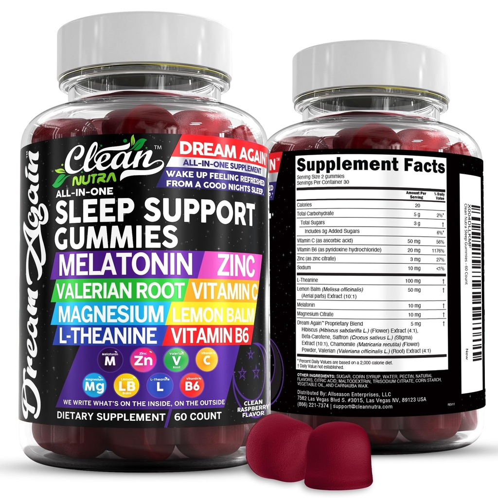 Clean Nutra Melatonin Gummies 10mg color 124; Sleep Aid Valerian Root L- Theanine Vitamin B6 C Lemon Balzám hořčík Hibiscus Beta Carotene Saffron & Heřmánek Rest Supplement Raspberry Flavor