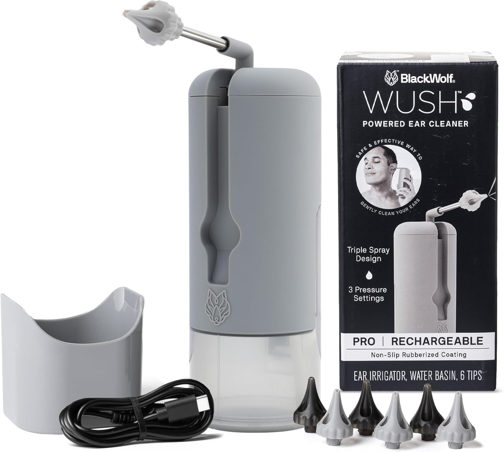 Wush Pro by Black Wolf - The Original Deluxe Wax Power Uar Cleaner with 6 Reuse Replacement Tips by Black Wolf - Safe & Effective for Ear Wax Buildup - Electric Uar Wax Remotal Kit (Grey)