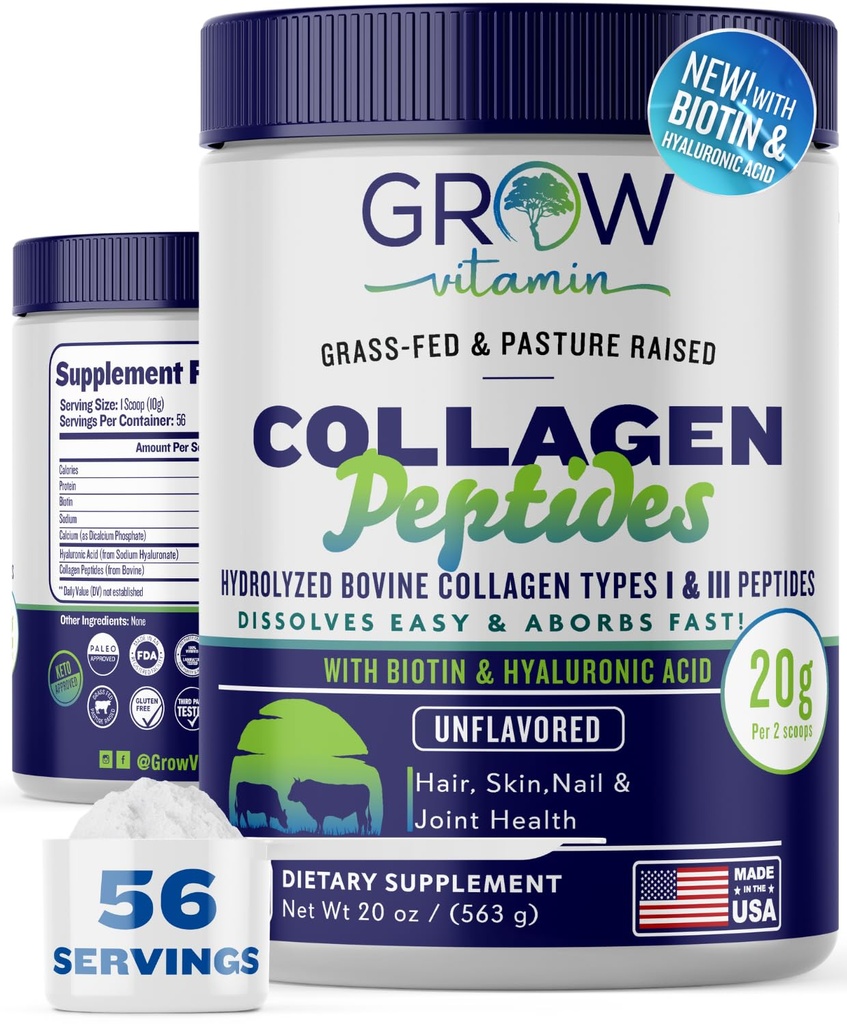 Collagen Peptides Powder 20g with Hyaluronic Acid & Biotin - Unflavored Grass Fed Collagen Powder with Hydrolyzed Type I & III Collagen Supplements - Hair, Nail, Skin & Joint Support - 56 Servings