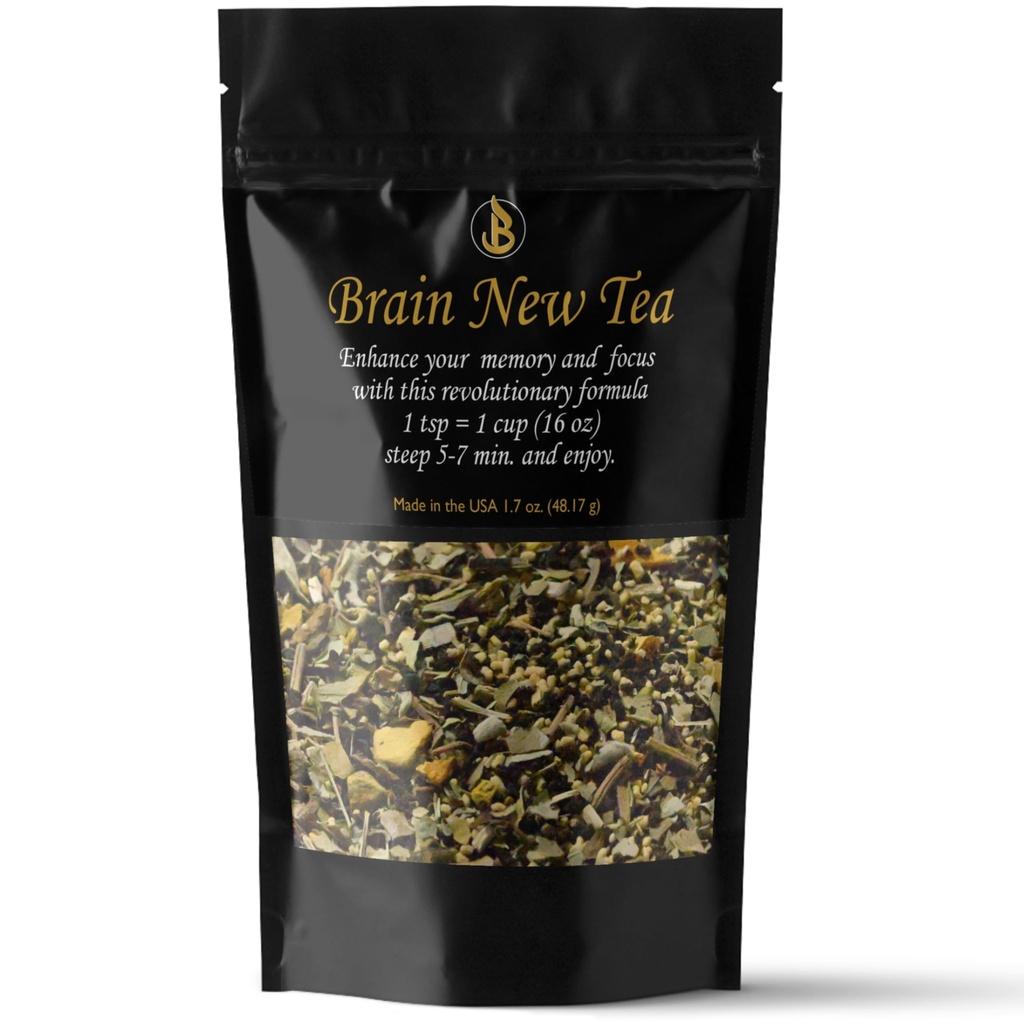 Brain New Tea - Duševní jasnost, doplňky pro Paměť & Focus Boost, Nootropic, Mozková mlha Relief s Bacopa, Yerba Mate, Rhoddiola Rosea, Gingko Biloba, Gotu Kola, Reishi.
